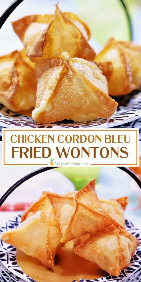 Chicken Cordon Bleu is married to Fried Wontons, and you get the most delicious offspring - Chicken Cordon Bleu Wontons. It's THE perfect appetizer! #appetizer #chicken #wontons #friedwontons #chickencordonbleu Cordon Bleu Bites, March Madness Snacks, Chicken Cordon Bleu Bites, Cordon Blu, Appetizer Chicken, Cordon Blue, Chicken Wontons, Spring Cocktails Recipes, Fried Wontons