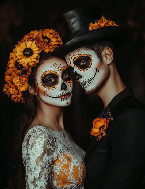 Day Of The Dead Couple Makeup, Couples Day Of The Dead Makeup, Day Of The Dead Makeup Couples, Halloween Couple Makeup Ideas, Dia De Muertos Costume Ideas, Dia De Los Muertos Couple Costume Ideas, Couple Skull Makeup, Day Of The Dead Couple Costume, Catrina Face Paint