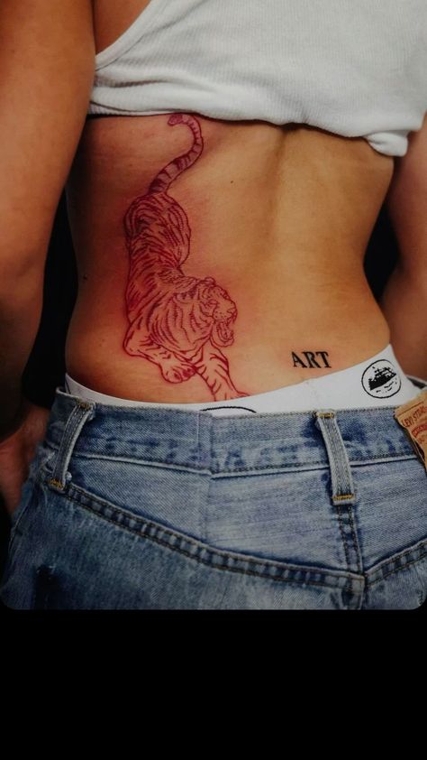 Tiger And Ox Tattoo, Red Stomach Tattoos Women, Big Red Tattoo, Red Stomach Tattoo, Red Ink Rib Tattoo, Red Elephant Tattoo, Red Ink Tiger Tattoo, Red Ink Arm Tattoos, Red Ink On Dark Skin