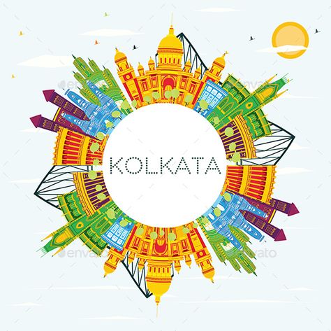 Kolkata India Skyline with Color Buildings, Blue Sky and Copy Space. Vector Illustration. Business Travel and Tourism Concept with Historic Buildings. Kolkata Cityscape with Landmarks.         Rate and Comment my IllustrationsThank You. Kolkata Tourism, Kolkata Drawing, Downtown House, Bengali Culture, Space Vector, Illustration Business, Country Names, Bridge Building, Food Poster Design