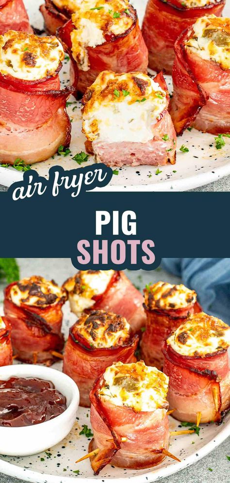 Pig Shots Recipe Air Fryer, Sausage Cups, Pig Shots, Pig Shot, Bacon Wrapped Sausages, Bacon Wrapped Chicken Bites, Football Appetizers, New Air Fryer Recipes, Air Fryer Recipes Snacks