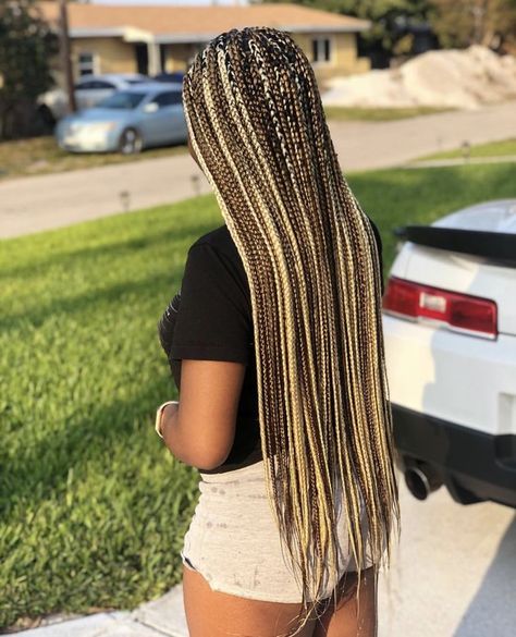 2 Tone Box Braids, Tri Color Braids, Multicolored Braids Black Women, Honey Blonde And Brown Box Braids, Chunky Highlights Braids, Colored Box Braids Inspiration, Box Braids Highlights, Blonde And Burgundy Box Braids, Mixed Blonde Box Braids