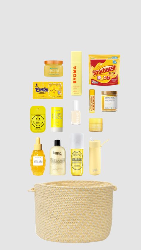 #bunnybasket #yellow #basket #inspo Yellow Gift Basket Ideas Boyfriend, Yellow Gift Basket Ideas, Yellow Gifts Basket, Senior Basket, Yellow Basket, Beeswax Lip Balm, Yellow Gifts, Bunny Basket, Big Little Reveal