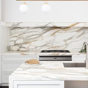 Unique Kitchen Countertops, Calacatta Oro Marble, Kitchen Stone, Stone Backsplash Kitchen, Latest Kitchen Designs, Stone Backsplash, Calacatta Marble, Kitchen Marble, Brick Fireplace