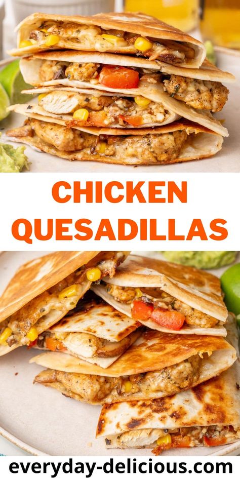 These delicious chicken quesadillas are filled with flavorful chicken, plenty of veggies, mushrooms, and melty cheese. They make the perfect snack or appetizer for any party, or a delicious quick weeknight dinner. Easy Chicken Quesadillas, Chicken Quesadillas Recipe, Chicken Taco Seasoning, Chicken Quesadilla Recipe, Quesadilla Recipe, Seasoned Chicken, Chicken Breast Seasoning, Quesadilla Recipes, Mashed Avocado