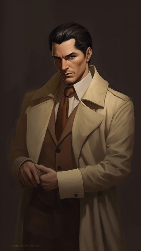 Evil Politician Character Art, Secretary Character Art, Evil Business Man Character Design, Male Doctor Character Art, Mobster Character Design, Detective Oc Art, Detective Dnd, Bodyguard Character Design, 1920s Character Art