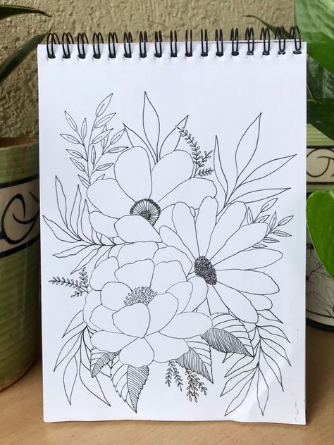 Floral Bunch Drawing, Flowers Composition Drawing, Flower Bunch Doodle, Flower Drawing Composition, Full Page Flower Drawings, Floral Composition Drawing, Flower Composition Drawing, Flower Drawings With Color, Bunch Of Flowers Drawing