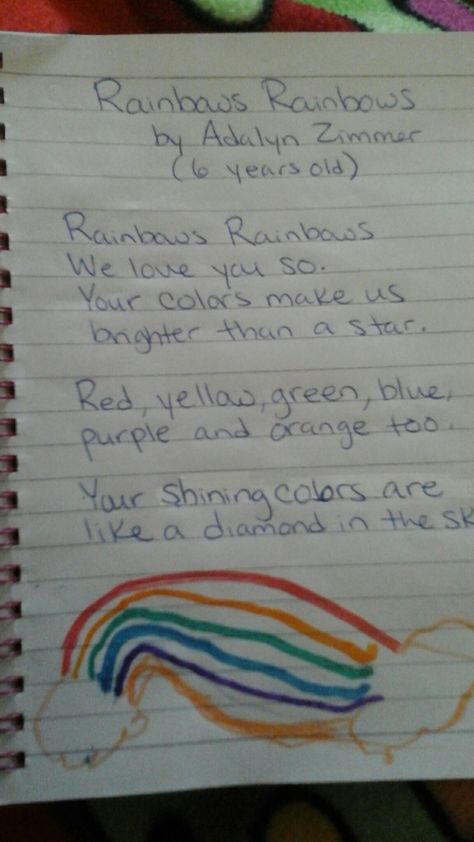 My daughter's first poem about rainbows Rainbow Poems, True Meaning Of The Rainbow, Poem About Rainbows, English Recitation Poems For Class 1, Rainbow Poems Life, Rainbow Poem, English Rhymes, Simple Poems, Rainbow Drawing