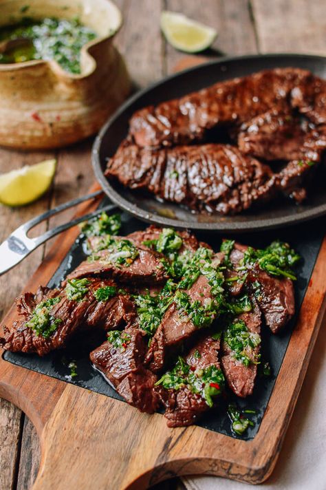 #Grilled #Skirt #Steak with #Chimichurri recipe by thewoksoflife.com Meat Serving Ideas, Skirt Steak Meal Ideas, Skirt Steak With Chimichurri, Steak With Chimichurri, Skirt Steak Recipes, Grill Meat, Grilled Skirt Steak, Chimichurri Recipe, Woks Of Life