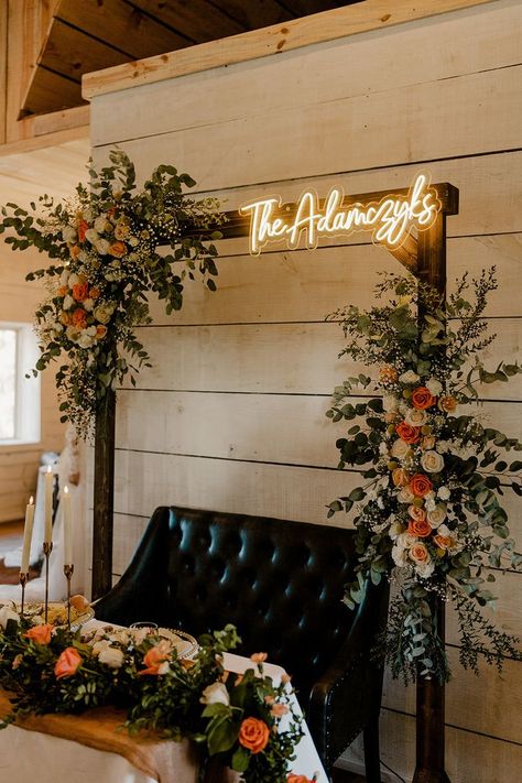 Arch Backdrop Wedding Reception, Diy Backdrop Wedding Head Table, Wedding Head Table Lights, Sweetheart Table Arch Backdrop, Head Table Backdrop With Neon Sign, Love Seat Wedding Head Table, Photo Ops Wedding, Head Table Arch Backdrop, Cowhide Backdrop Wedding