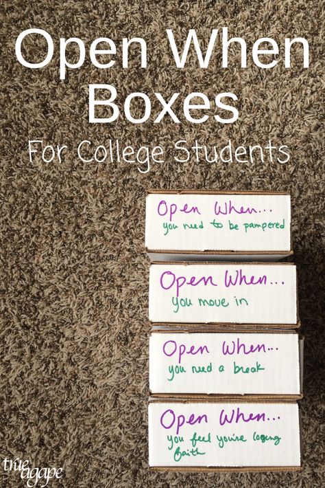 Open When Gift Ideas Care Packages, Open When Letter Ideas College, College Open When Gift Ideas, Open When Envelope Ideas For College, Open When Cards For College Student, Homesick Box Ideas, Thinking Of You College Student, Open When College Gifts, College When You Envelopes