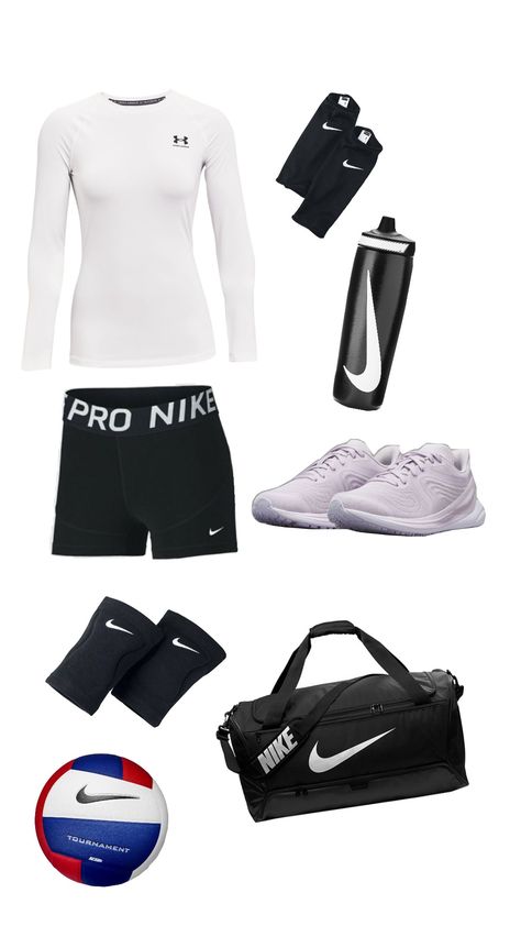 #volleyball #outfit #volleyballpractice #nike #underarmour #tournament Volleyball Aesthetic Outfits, Volleyball Practice Outfits, Sports Bag Essentials, Volleyball Fits, Volleyball Outfit, Sport Essentials, Volleyball Bag, Volleyball Tournaments, Volleyball Knee Pads