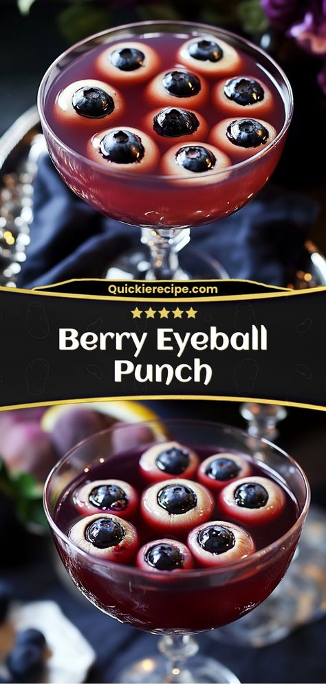 This Berry Eyeball Punch is a spooky and fruity drink, perfect for Halloween! With berries and floating “eyeballs” made from lychees and blueberries, it’s a creepy-cool drink for any Halloween gathering.

Ingredients:

    4 cups berry juice (like cranberry or raspberry)
    1 can lychees, drained
    1/2 cup blueberries
    1 liter sparkling water or lemon-lime soda

A hauntingly fun punch that’s equal parts eerie and delicious! Eyeball Punch, Spooky Christmas, Spooky Food, Lemon Lime Soda, Themed Desserts, Fruity Drinks, Berry Juice, Lime Soda, Festive Treats