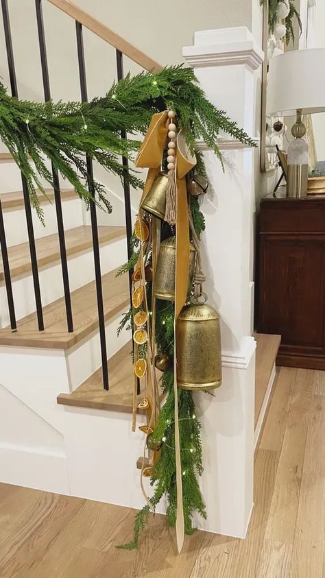 Simple Stair Garland Christmas, Small Banister Christmas Decor, Garland On Stairwell, Garland Banister Christmas, Bannister Garland Christmas, Stair Railing Garland Christmas, Christmas Garland With Bells, Christmas Bell Garland, Stairwell Garland Christmas