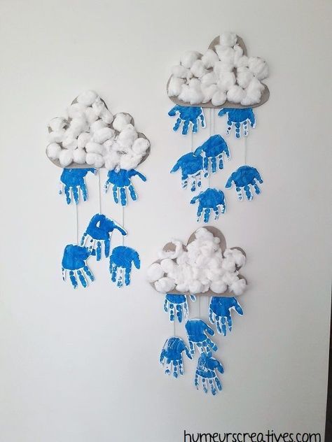 Creative Preschool Art Projects, Weather Handprint Art, Weather Mobile Craft For Kids, Rain Toddler Crafts, Infant Weather Crafts, Cloud Activities For Toddlers, Preschool Weather Art, Seasons Crafts For Toddlers, Weather Projects For Preschool