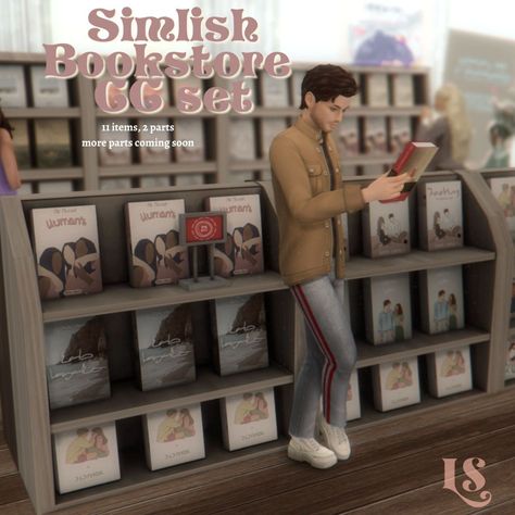 Lustrousims : The simlish bookstore set is finally heeereeee!!... Book Cc Sims 4, Sims 4 City Cc, Sims 4 Books Cc, Sims 4 Retail Cc, Sims 4 Store Cc, Sims Lips, Sims 4 Clutter, Sims 4 House Building, The Sims 4 Packs