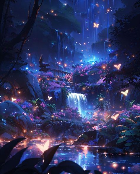 Mountain Fairy Aesthetic, Gothic Summer Wallpaper, Magic Woods Aesthetic, Magical Waterfall, Star Garden, Fantasy Scenery, Seni Korea, الفن الرقمي, Dreamy Artwork