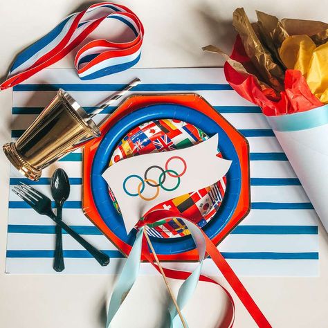 Gold Medal worthy Olympics Party | CatchMyParty.com Watermelon Games, Olympics Party Ideas, Bunco Themes, Olympic Theme Party, Olympic Games For Kids, Olympics Party, Olympic Theme, Olympic Party, Designed Paper