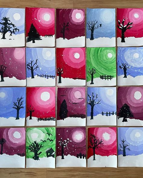 Monochromatic winter scenes with painted tree silhouettes. Good stuff from fifth grade. #fifthgrade #elementaryart #artprojects… | Instagram Elementary Art Landscape, Monochromatic Art Lesson Elementary, Winter Silhouette Art For Kids, Winter Tree Silhouette, Winter Art 2nd Grade, Monochromatic Art Projects, 2nd Grade Christmas Art Projects, Winter Scene Art For Kids, Winter Art 5th Grade