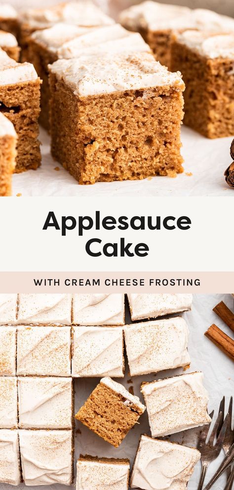 This applesauce cake is soft, moist and naturally sweetened with maple syrup. It's loaded with fall spices and topped with a delicious cinnamon cream cheese frosting. Cinnamon Applesauce Cake, Maple Sweetened Desserts, Healthy Spice Cake, Maple Syrup Sweetened Desserts, Gluten Free Applesauce Cake, Apple Sauce Cake Recipe, Healthy Apple Cinnamon Muffins, Maple Syrup Cake, Apple Baking