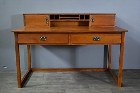 Crafters and Weavers Mission Style Oak Library Table with Hutch Cabinets And Open Shelving, Hutch Furniture, Oak Library, Mission Style Furniture, Desk Drawers, Brown Rooms, Computer Desk With Hutch, Epoxy Art, Library Table