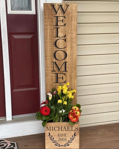 DIY Welcome planter Diy Welcome Planter, Welcome Planter, Porch Planter, Large Porch, Welcome Flowers, Welcome Signs Front Door, Porch Planters, Diy Planter Box, Door Signs Diy