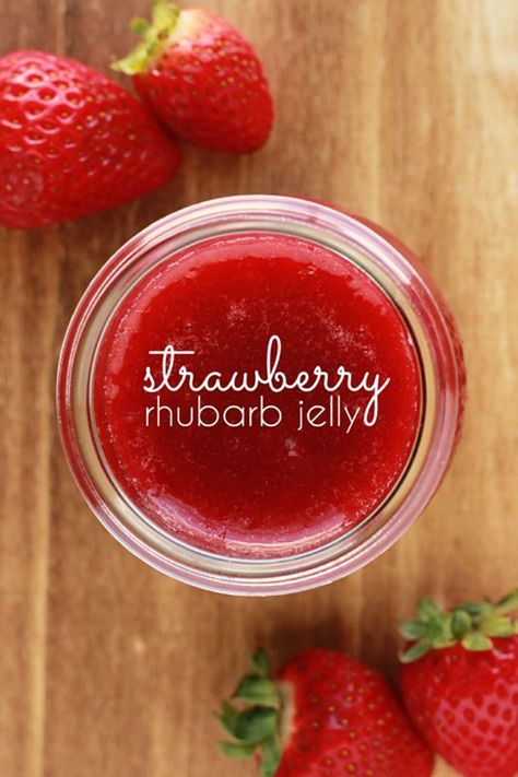 strawberry rhubarb jelly recipe Easy Jalapeno Jelly Recipe, Strawberry Rhubarb Jelly, Jalapeno Jelly Recipes, Rhubarb Jelly, Pomegranate Jelly, Pectin Recipes, Strawberry Rhubarb Jam, Raspberry Rhubarb, Jam Recipes Homemade