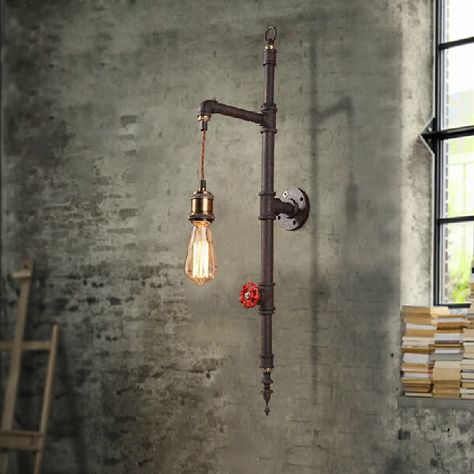 Industrial Styled Pipe 1-Light Hanging Exposed Bulb Wall Light in Rust - Lighting Industrial Pipe Decor, Pipe Wall Lamp, Master Bath Lighting, Steampunk Lighting, Industrial Wall Lamp, Pipe Decor, Wall Lamp Design, Pipe Lighting, Vintage Industrial Decor