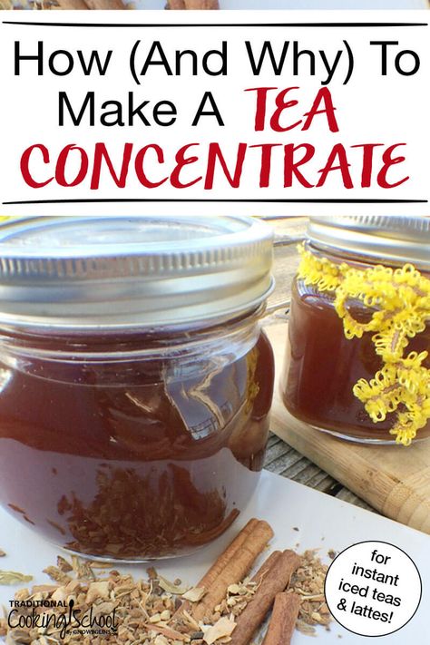 Ever wonder how to make a tea concentrate {and why}? [MY NOTES: Made a Roiboss chai tea version (16oz water + 1/4 cup Roiboss chai blend + 2Tbs coconut sugar, bring to boil in sauce pan & then steep 20min. Blended 1/3 cup concentrate + 2/3 cup raw milk + 1tsp vanilla extract + 1tsp Maple syrup on 'soup' Vitamix setting for 3-4min until temps @ 105°-110°. NEXT TIME: Make more concentrated 16oz water + 1/2 cup tea OR add more spices?] Tea Concentrate Recipe, Backpack Basket, Tea Concentrate, Cold Tea, Picnic Recipes, Traditional Cooking, Instant Tea, Making Tea, Spice Tea