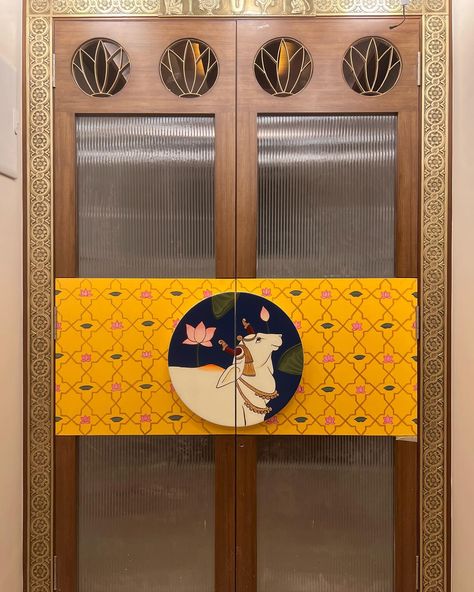 Pichwai painting on a Puja door in one of our favourite colour combinations ✨ For a home designed by @the_lotus_studio Pichwai Pooja Room Door, Puja Ghar Door Design, Pichwai Mandir, Puja Door Design, Mandir Door Design Puja Room, Temple Door Design For Home, Mandir Door Design For Home, Mandir Doors, Puja Room Door Design