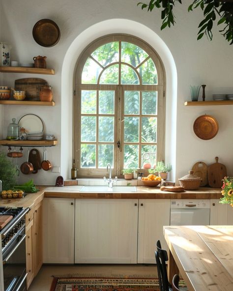 Which kitchen would you like to have breakfast in? I think my favourite has to be no. 2. The simplicity of the design makes the arched window stand out and the oak countertops tie in nicely with the central wooden table. I love the aesthetic of a Persian rug in the kitchen, but the practicality means it probably wouldn’t work. Especially with my kids favourite hobby of having food fights with themselves 😂😂 AI Assisted Design - @melaniejadedesign #curvedwindows #archedwindows #archedwindow ... Window Over Oven, Arch Stove Kitchen, Kitchen With Arched Windows, Arch Over Kitchen Sink, Arched Windows Kitchen, Arch Window In Kitchen, Arch Kitchen Window, Arch Window Kitchen, Arched Kitchen Window