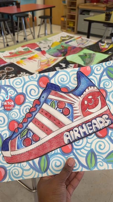 Mrs. Latimer’s Busy Brushes🖌🎨 on Instagram: “***EDIT*** Inspired by Beth Cadenver Dreyer’s Candy Themed Shoe Lesson in Elementary Art Facebook Group! *** This year I added a little…” Art Ideas For Intermediate Students, Candy Sneaker Art Lesson, Shoe Design Art Project, Art Class For Elementary Students, Candy Shoes Art Project, Shoe Design Art Lesson, Grade 8 Art Ideas, Design A Shoe Art Project, Art School Project Ideas