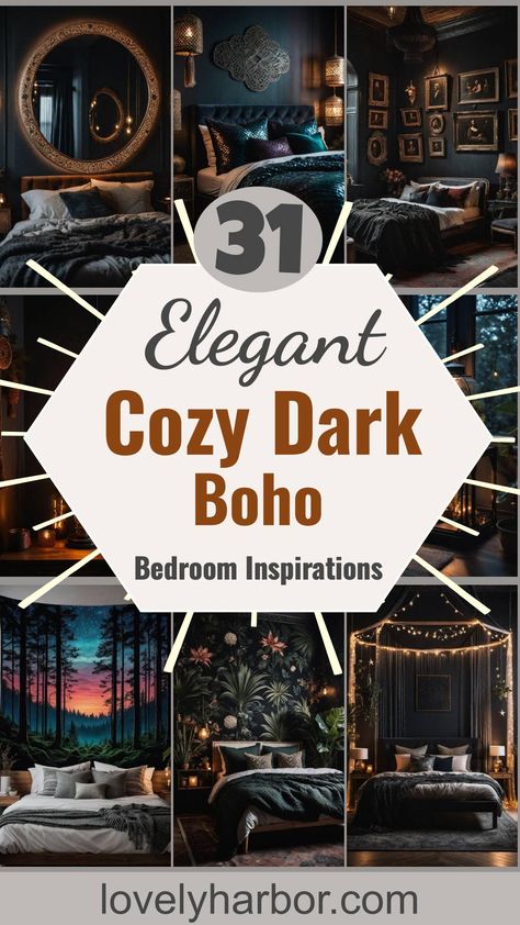 31 Dark Boho Bedroom Sanctuaries: Mystical Elegance & Cozy Vibes Boho Bedroom Dark Colors, Modern Cottage Core Bedroom Aesthetic, Mystical Bedroom Bohemian, Black And Earthy Bedroom, Cottagecore Bedroom Simple, Black Maximalist Bedroom, Moody Boho Home Decor, Cozy Bedroom Layout Ideas, Dark Warm Bedroom Aesthetic