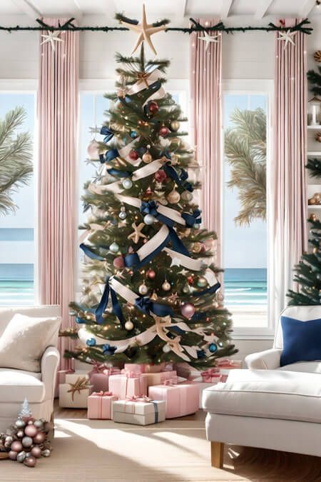 Pink and navy Christmas tree. Barbie Christmas. Pink and navy decor. Beach house Christmas. Coastal Christmas inspo. Navy Blue Pink And Gold Christmas Tree, Pink And Navy Blue Christmas Tree, Navy And Pink Christmas Tree, Navy And Pink Chrisymas Tree, Pink And Navy Christmas, Pink Christmas Tree Blue Ornaments, Navy Christmas Tree, Beach House Christmas, Navy Decor