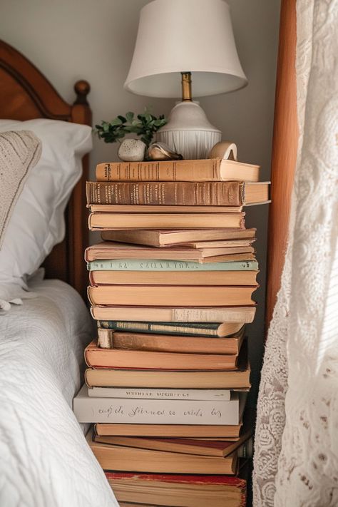 Eclectic bedroom featuring a stack of large books as a unique nightstand. Creative Nightstand Ideas, Creative Nightstand, Nightstand Ideas, Functional Bedroom, Bedroom Setup, Ideas For Small Spaces, Small Bedroom, Small Spaces, Make It