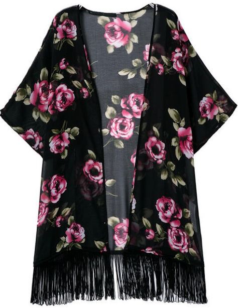 Black Kimono Outfit, Vintage Cape Coat, Half Sleeve Floral, Loose Kimono, Flower Kimono, Chiffon Cardigan, Kimono Outfit, Mode Kimono, Kimono Blouse