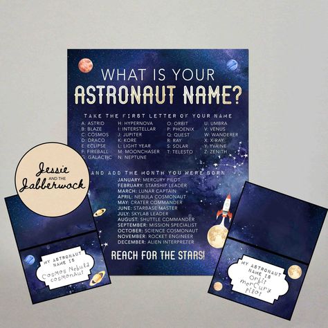 What's Your Astronaut Name Printable, Name Generator Party Game, Space Birthday Party, Planet Name Tent Labels, Out of This World, Galaxy - Etsy Australia Name Tent, Eclipse Party, Planet Party, Dinosaur Party Invitations, Moon Party, Space Birthday Party, Space Games, Name Games, World Party