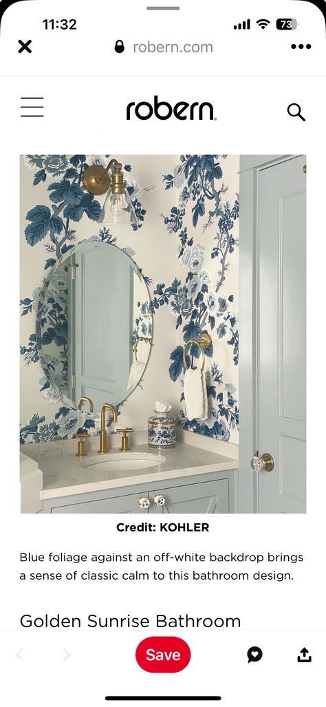 Half Bathroom Wallpaper Ideas, Half Bathroom Wallpaper, Bathroom Mirror Design, Bathroom Mirror With Shelf, Blue And White Wallpaper, Dark Green Wallpaper, Wallpaper Bathroom, Bathroom Mirror Frame, Floral Bathroom