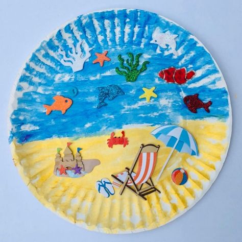 Kids Beach Theme Party Ideas - Delilahs Party Ideas Beach Crafts For Kids, Beach Themed Art, Summer Preschool Crafts, Art Plage, Beach Themed Crafts, Summertime Crafts, Crayon Crafts, Paper Plate Crafts For Kids, Diy Summer Crafts