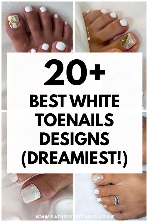 Best white toe nail designs ideas Gel Polish White Designs, White Pedi With Designs, Bridesmaid Toenails Weddings, Pedicure Ideas White With Design, White Nails Pedicure Toenails, White Polish Pedicure Toenails, White Glitter Toenails, Beach Wedding Pedicure, Toenail Designs Summer White