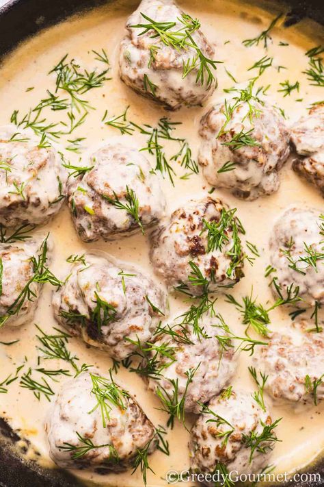 Lamb Meatballs With A Creamy Dill Sauce | Greedy Gourmet Creamy White Wine Sauce, Creamy Dill Sauce, Lamb Meatballs, Buttered Noodles, Dill Sauce, White Wine Sauce, Ground Lamb, Drying Dill, Wine Sauce