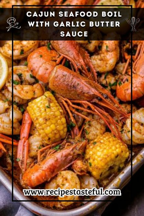 A vibrant and flavorful dish perfect for gatherings, featuring succulent seafood, spicy sausage, and tender vegetables, all drenched in a rich garlic butter sauce. This communal feast brings people together around the table. Seafood Sausage, Crab Boil Recipe, Seafood Boil Sauce, Cajun Boil, Cajun Seafood Boil, Boil Recipes, Cajun Seafood, Boiled Food, Crab Boil