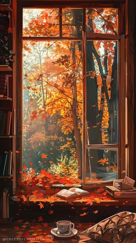 open window, vibrant autumn leaves, warm sunlight, golden glow, cozy reading nook, open book, cup of tea, scattered books, soft pillow, bookshelf in the background, gentle breeze, fall colors, orange and red leaves, peaceful atmosphere, serene setting, quiet moment, relaxing autumn day, natural light. Fall Books Wallpaper, Wallpaper Backgrounds Books, Bookshelf Background, Rainy Fall Day, Bookshelf Background Wallpapers, Cozy Background, Cozy Fall Book Aesthetic, Warm Wallpaper, Fall Background Wallpaper