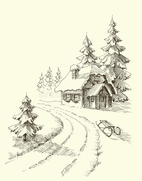 Nature in winter season. Pine trees and a house in the snowy landscape vector illustration Winter Theme Drawings, Christmas Landscape Drawing, Snowy Drawing, Winter Drawing Ideas Sketch, Christmas House Drawing, Christmas Sketch Ideas, Winter Tree Drawing, Nature In Winter, Winter Drawing Ideas