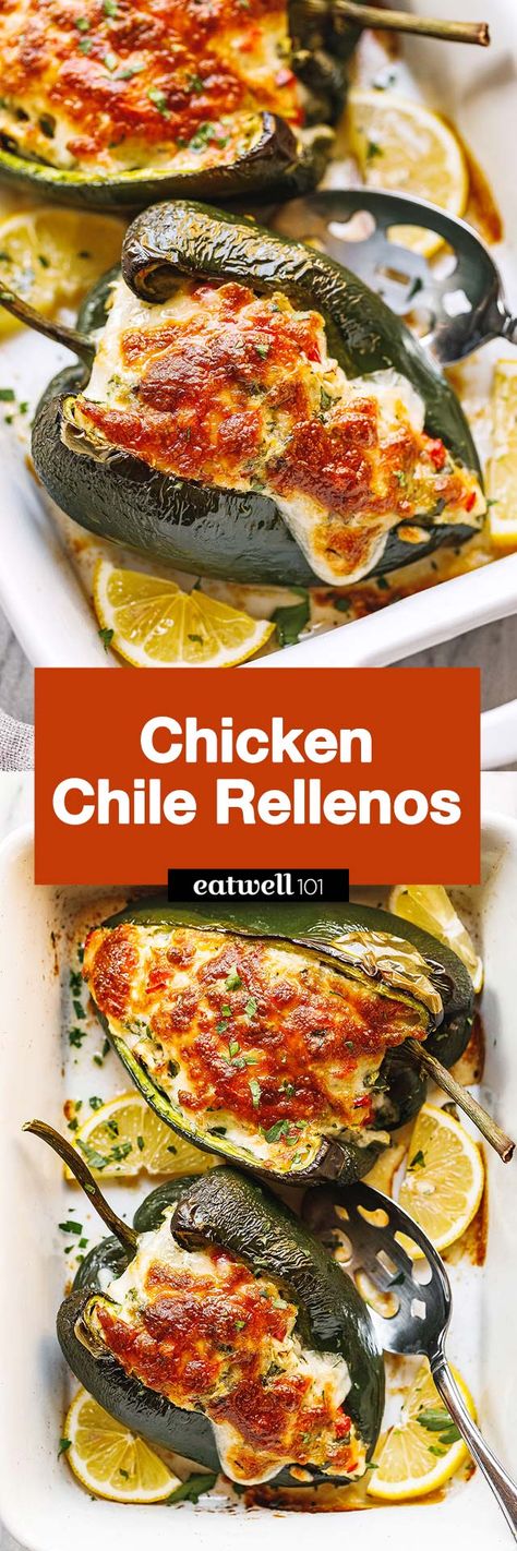 Chicken Stuffed Chile Rellenos - #chicken #chilerellenos #recipe #eatwell101 - These chicken chile Rellenos are so easy to make and out-of-this-world delicious. - #recipe by #eatwell101® Chili Relleno With Chicken, Chile Relleno Stuffed Chicken, Stuffed Chile Relleno, Chile Relleno Bake, Chille Relleno Recipe Easy, Chili Reano Recipe, Chicken Chili Relleno Casserole, Chicken Relleno Recipe, Stuffed Chili Relleno