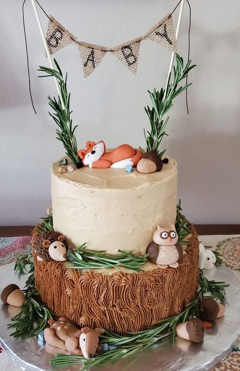 Cakes by Aimee 217-1381 Forest Animal Cake, Woodsy Baby Shower Cake, Woodland Creature Cake, Woodland Smash Cake, Forest Baby Shower Cake, Woodland Themed Cake, Woodland Cake Ideas, Woodland Baby Shower Theme Cake, Woodland Baby Shower Cake