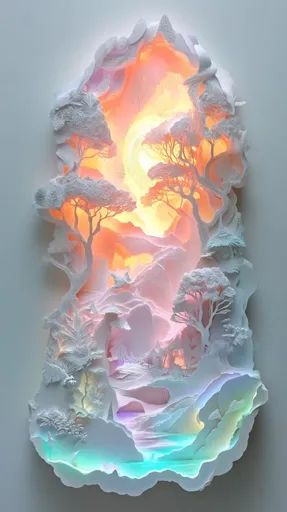 ↑↑↑ Larger size on website 🔸 A white paper sculpture depicting a fantastical landscape. The sculpture is lit from behind, creatin 🔸 From Midjourney AI Image Paper Cut Artists, Paper Sculptures, Serene Landscape, 3d Landscape, Photo Club, 3d Paper, Paper Sculpture, Art Show, White Paper