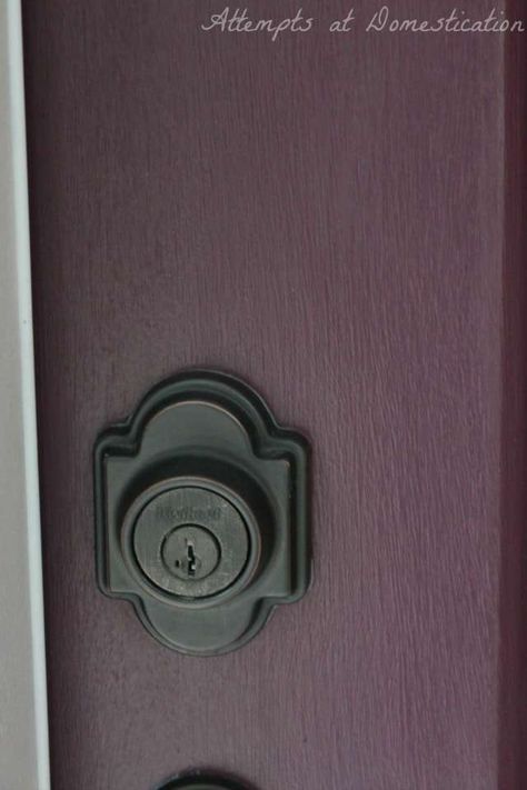 Modern Masters Front Door Paint, Outdoor House Colors, Plum Paint, Front Door Paint, Paint Makeover, Oil Rubbed Bronze Hardware, Front Door Makeover, Door Paint, Paint App