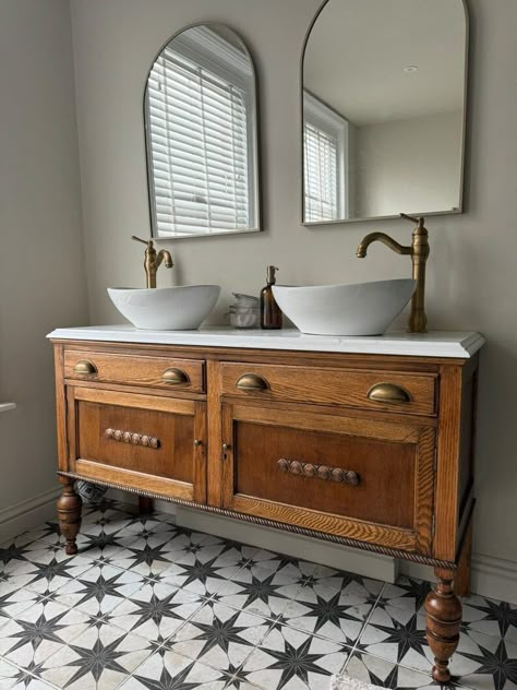 Bathroom With Vintage Vanity, Large Farmhouse Bathroom Vanity, Old Dresser As Bathroom Vanity, Furniture Vanity Bathroom, Vintage Bathroom Storage, Antique Buffet Vanity, Old Dresser Bathroom Vanity, Antique Vanity Ideas, Antique Dresser Bathroom Vanity