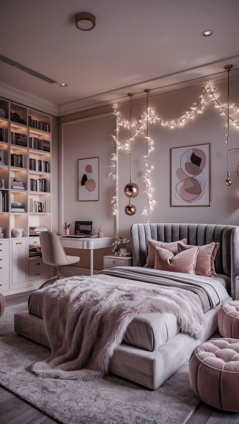 Pink And Gray Bedroom, Grey And Pink Bedroom, Pink And Grey Bedroom, Light Pink Decor, Pink Gray Bedroom, Grey And Gold Bedroom, Rv Bedroom, Gold Bedroom, Classy Decor